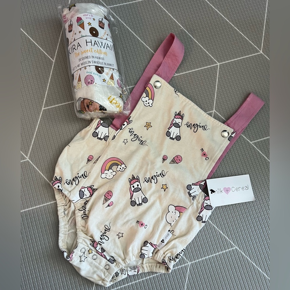 NWT Unicorn Baby Romper & sweet treat swaddle set